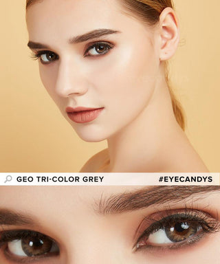 Model wearing the GEO Tri-Color Grey colored contact lenses for dark eyes, above a closeup of her eyes wearing the colored contacts prescription, showcasing the natural yet transformative effect and pixel-detail.