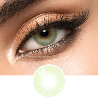 Detailed image of natural EyeCandys Glossy Green contact lens on a dark eye