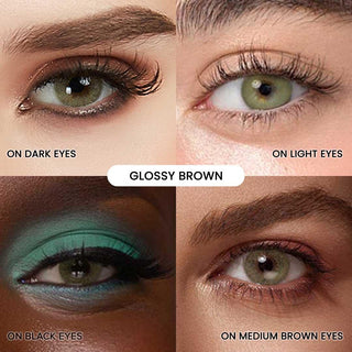 Assortment of EyeCandys glossy Brown contact lenses on various iris colors and skintones. Clockwise (from the upper right): glossy brown contact lens a dark eye with smoky eye makeup, a light eye with curled lashes, a black eye with bold turquoise eyeshadow and a medium brown eye with rose gold makeup.