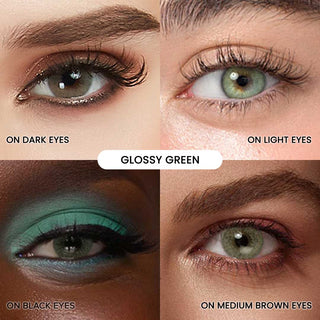 Assortment of Glossy Green contact lenses on dark eyes, on light eyes and on black eyes