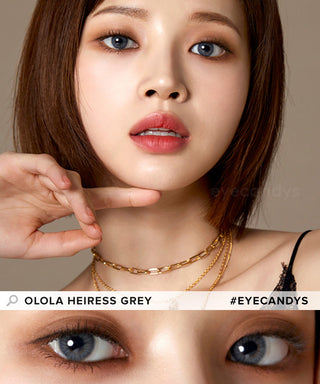 Model showcasing the natural look using Olola Heiress Grey (KR) prescription color contacts, above a closeup of a pair of eyes transformed by the color contact lenses