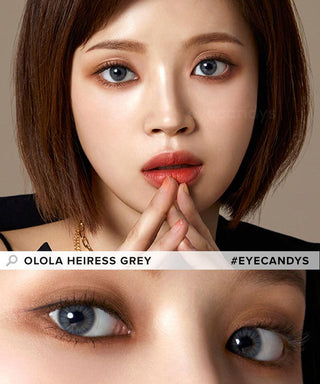 Model showcasing the natural look using Olola Heiress Grey (KR) prescription color contacts, above a closeup of a pair of eyes transformed by the color contact lenses