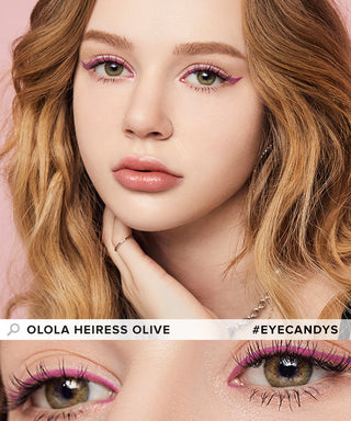 Model showcasing the natural look using Olola Heiress Olive (KR) prescription color contacts, above a closeup of a pair of eyes transformed by the color contact lenses