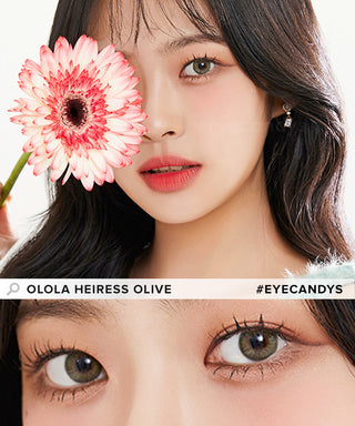 Model showcasing the natural look using Olola Heiress Olive (KR) prescription color contacts, above a closeup of a pair of eyes transformed by the color contact lenses