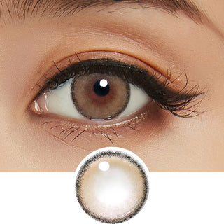 Macro shot of an eye wearing the i-DOL Roze Airy Beige Brown blended colour contact lens, showing the multi-colored detail and natural effect on dark brown eyes, with clean eye makeup, above a design of the contact lens