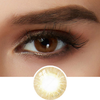 Closeup of the Libre Brown Color Contact Lens worn on a dark eye, with a thumbnail showing the color lens pattern.