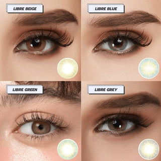 Assortment of EyeCandys Libre brown, blue, green and grey contact lenses, worn on various eyes with minimal eye makeup