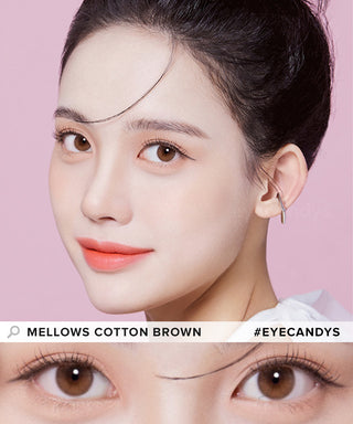 Model showcasing the natural look using Olola Mellows Cotton Brown (KR) prescription color contacts, above a closeup of a pair of eyes transformed by the color contact lenses
