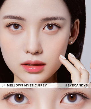 Model showcasing the natural look using Olola Mellows Mystic Grey (KR) prescription color contacts, above a closeup of a pair of eyes transformed by the color contact lenses