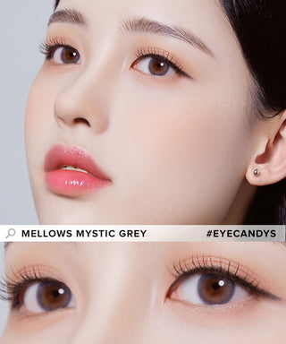 Model showcasing the natural look using Olola Mellows Mystic Grey (KR) prescription color contacts, above a closeup of a pair of eyes transformed by the color contact lenses