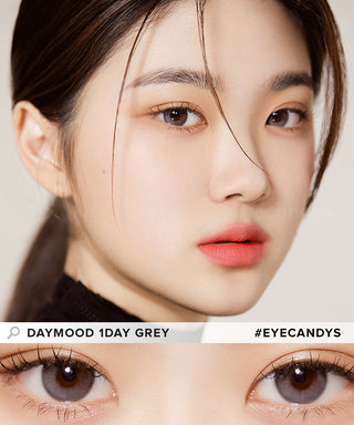 Model showcasing the natural look using Olola Daymood 1-Day Grey (10pk) (KR) prescription color contacts, above a closeup of a pair of eyes transformed by the color contact lenses