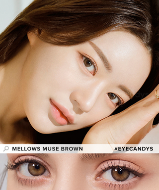 Model showcasing the natural look using Olola Mellows 1-Day Muse Brown (10pk) (KR) prescription color contacts, above a closeup of a pair of eyes transformed by the color contact lenses