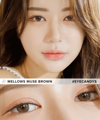 Model showcasing the natural look using Olola Mellows 1-Day Muse Brown (10pk) (KR) prescription color contacts, above a closeup of a pair of eyes transformed by the color contact lenses
