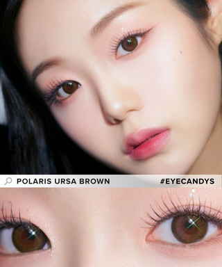 Design of the i-Sha Polaris Ursa Brown coloured contact lens from Eyecandys on a white background, showing the dotted patterns meant to mimic those of the human iris.
