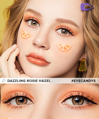 Model showcasing the natural look using Olola Dazzling 1-Day Rosie Hazel (10pk) (KR) prescription color contacts, above a closeup of a pair of eyes transformed by the color contact lenses
