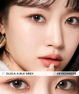 Model showcasing the natural look using Olola 1-Day Able Grey (10pk) (KR) prescription color contacts, above a closeup of a pair of eyes transformed by the color contact lenses