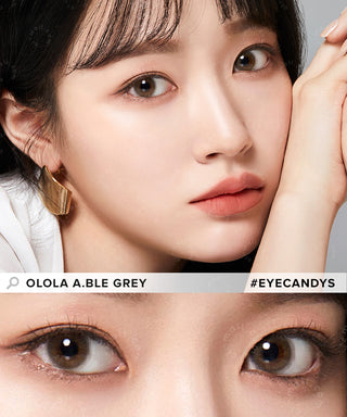 Model showcasing the natural look using Olola Able Grey (KR) prescription color contacts, above a closeup of a pair of eyes transformed by the color contact lenses