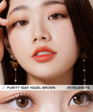 Model showcasing the natural look using Olola Purity Shine 1-Day Hazel Brown (10pk) (KR) prescription color contacts, above a closeup of a pair of eyes transformed by the color contact lenses