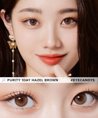 Model showcasing the natural look using Olola Purity Shine 1-Day Hazel Brown (10pk) (KR) prescription color contacts, above a closeup of a pair of eyes transformed by the color contact lenses