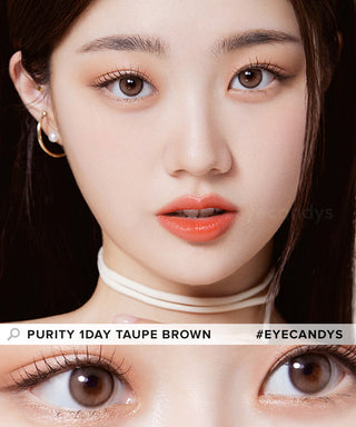 Model showcasing the natural look using Olola Purity Shine 1-Day Taupe Brown (10pk) (KR) prescription color contacts, above a closeup of a pair of eyes transformed by the color contact lenses