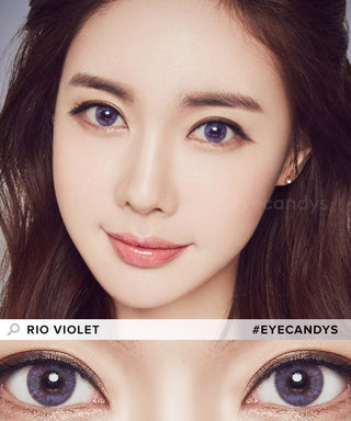 Asian model displays Rio Grey-Violet purple contact lenses from EyeCandys, emphasizing the enhanced eyes in a close-up photograph at the bottom.