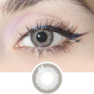 Composite of a dark brown eye wearing the Sugarlook Grey color contact lens, above the graphic design of the grey contact lens itself.