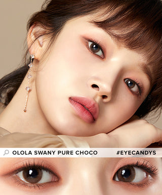 Model showcasing the natural look using Olola Swany Pure Choco (KR) prescription color contacts, above a closeup of a pair of eyes transformed by the color contact lenses