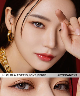 Model showcasing the natural look using Olola Torrid Love Beige (KR) prescription color contacts, above a closeup of a pair of eyes transformed by the color contact lenses
