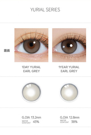Comparison of Yurial Earl Grey and Max Earl Grey natural circle contact lenses, with comparison of 13.2mm vs 12.8mm graphic diameters