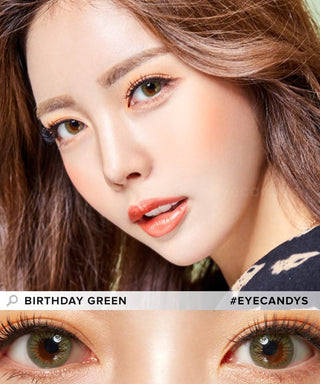  Asian model displays Birthday green contact lenses, emphasizing the enhanced eyes in a close-up photograph