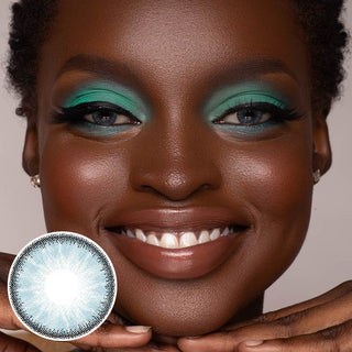 Black Model with naturally dark brown eyes wearing EyeCandys Desire Glacier Blue lenses