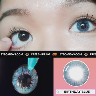 Video featuring an Asian model experimenting with Birthday Blue contact lenses during a try-on session