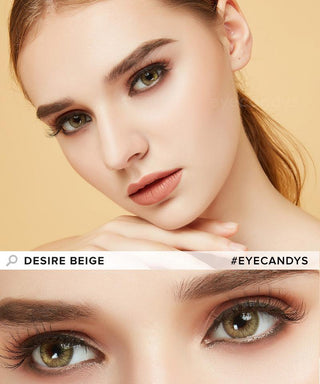 Female model showcasing Sandy Beige contact lenses on dark eyes, above a closeup cutout of the lenses on her eyes.