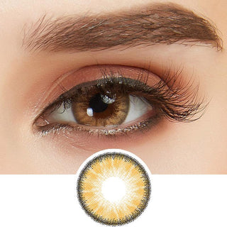 Female model showcasing toffee brown contact lenses on dark brown eyes, above a closeup cutout of the lenses on her eyes.