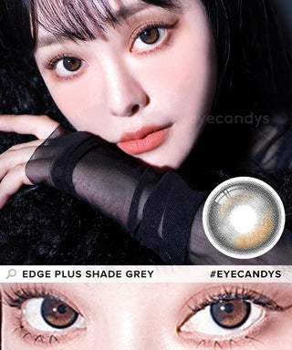 Asian model wearing grey circle lenses above a cut-out of close-up of eyes wearing the same grey contacts paired with natural eye makeup.