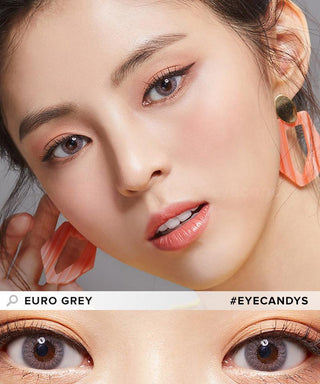 Asian Model wearing Euro Grey contact lenses color, showing the natural the bright effect on her dark brown eyes, with simple eye makeup.