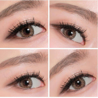 Collage  of multiple angled views of the Tri-Color Brown colour contact lens worn on one eye, paired with long lashes and neutral eye makeup, showing the brightening effect of the green contact lens on a dark iris.