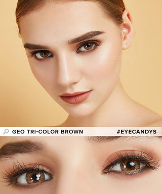 Model wearing the GEO Tri-Color Brown colored contact lenses for dark eyes, above a closeup of her eyes wearing the colored contacts prescription, showcasing the natural yet transformative effect and pixel-detail.