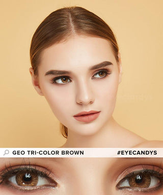 Model wearing the GEO Tri-Color Brown colored contact lenses for dark eyes, above a closeup of her eyes wearing the colored contacts prescription, showcasing the natural yet transformative effect and pixel-detail.