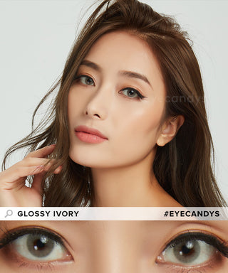 Asian model wearing beige contact lenses on top of her naturally dark eyes with simple brown eye makeup, on top of a closeup of her eyes wearing the same contacts.
