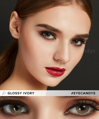 Female model wearing Glossy Ivory light brown contact lenses on her natural dark eyes, paired with smoky dark brown eyeshadow and wispy lashes, on top of a close-up of her eyes wearing the same brown contact lenses.