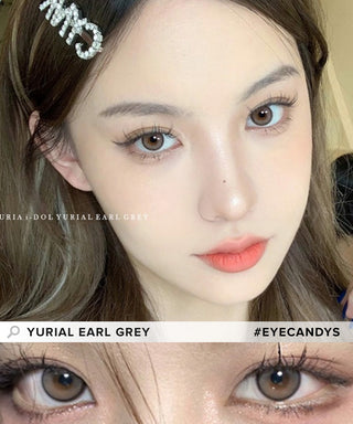 Model showcasing the realistic look using Yurial Earl Grey circle contact lenses, above a closeup of a pair of eyes transformed by the grey contacts