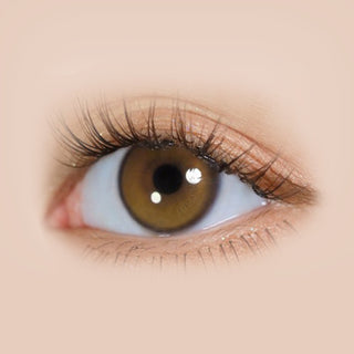 Close-up of i-DOL Yurial Royal Brown circle lens on a model's eye, showing the realistic subtle enlarging effect.