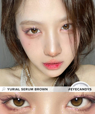 Model wearing i-DOL Yurial Serum Brown circle lenses, showing the realistic subtle enlarging effect.