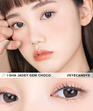 Model showcasing the natural look using i-Sha 1-Day Jadey Gem Choco (10pk) prescription colored contact lenses, above a closeup of a pair of eyes enhanced and widened by the circle lenses.
