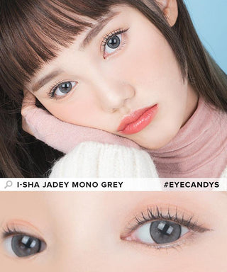 Model showcasing the natural look using i-Sha Jadey Mono Grey prescription colored contact lenses, above a closeup of a pair of eyes enhanced and widened by the circle lenses.