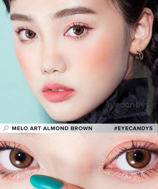 Model showcasing the natural look using i-Sha Melo Art Almond Brown prescription colored contact lenses, above a closeup of a pair of eyes enhanced and widened by the circle lenses.