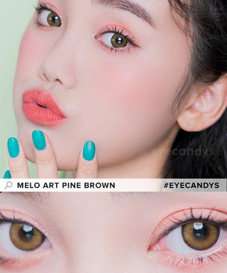 Model showcasing the natural look using i-Sha Melo Art Pine Brown prescription colored contact lenses, above a closeup of a pair of eyes enhanced and widened by the circle lenses.
