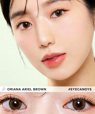 Model showcasing the natural look using i-Sha Ariel Brown prescription colored contact lenses, above a closeup of a pair of eyes enhanced and widened by the circle lenses.