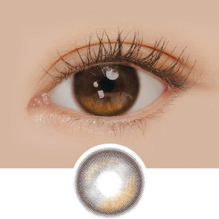 Macro shot of an eye wearing the i-Sha Oriana Edge Plus Shade Brown prescription colour contact lens, showing the multi-colored detail and natural effect on dark brown eyes, with clean eye makeup. At the bottom is the pattern of the colored lens design, showing the dotted detail and pigmentation.